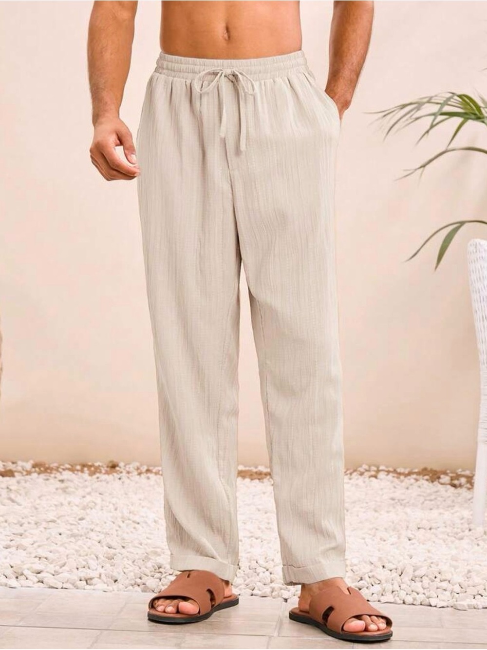 MANFINITY Men's linen blend Light Beige Drawstring Joggers